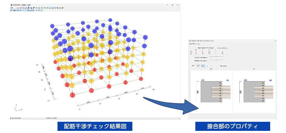 配筋干渉チェック結果図と接合部のプロパティ